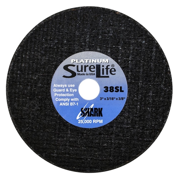 Shark Industries Cut-off Wheels, Type 1, 3 in Dia, 3/16 in Thick, 3/8 in Arbor Hole Size, Zirconia, 46 Grit 38SL - main